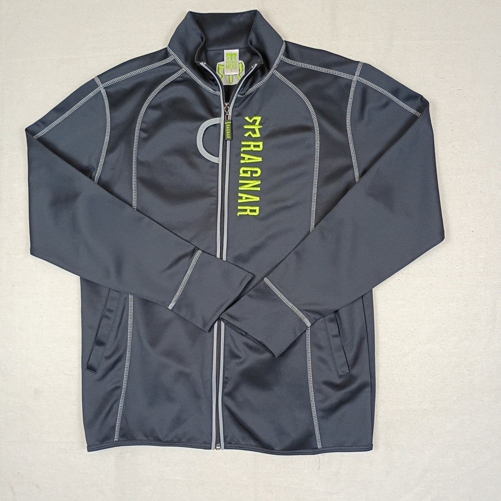 Ragnar Relay Mens XL Full Zip Performance Jacket Grey Neon Yellow Thumbholes
